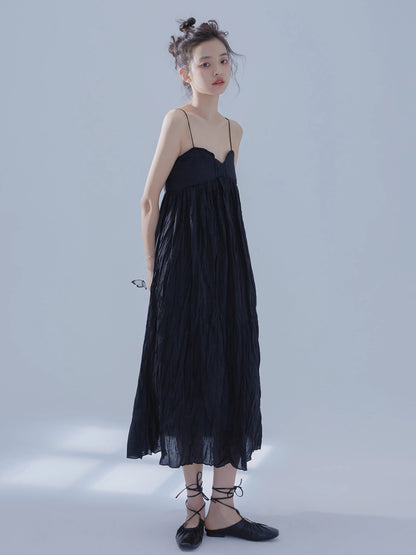 Pleated Design Long Gather Slip Dress