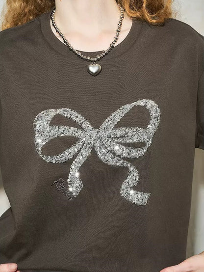 Sequin Bow Embroidery Loose T-shirt