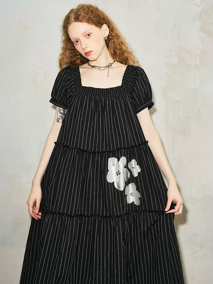 Puff Sleeve Flower Stripe Loose Tiered One-piece