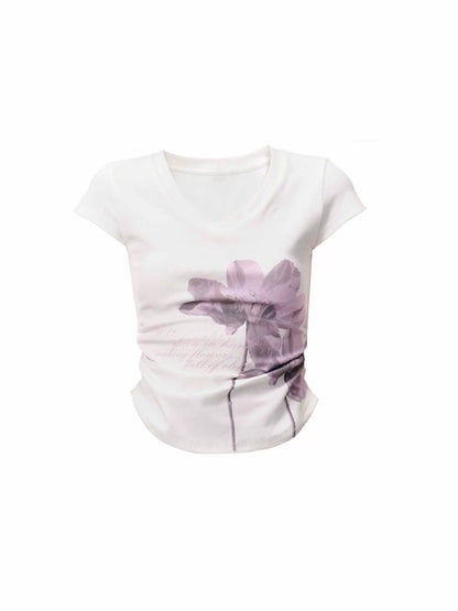 Flower Print V-neck Slim Fit T-shirt