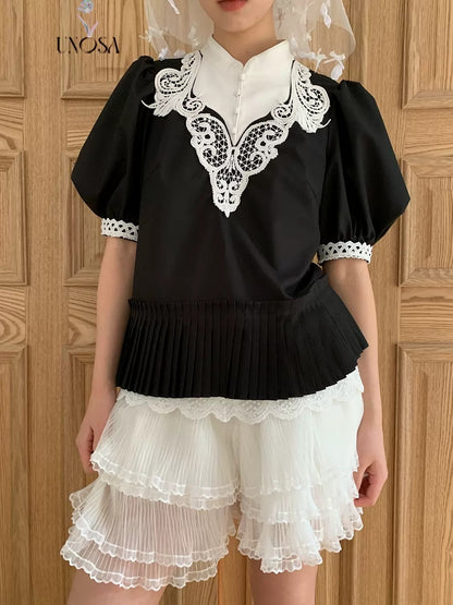 Monotone Lace Stitching Chinese Collar Puff Sleeve Shirt