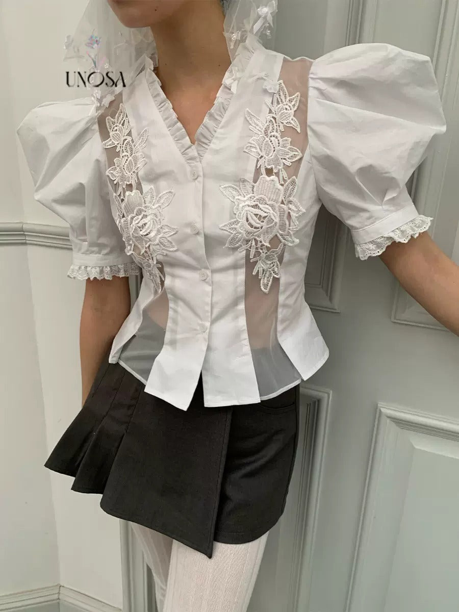 Hollow Lace Balloon Sleeve Short Shirt