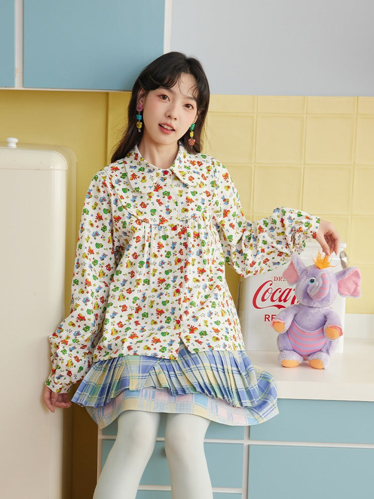 A-line Colorful Print Doll Collar Shirt