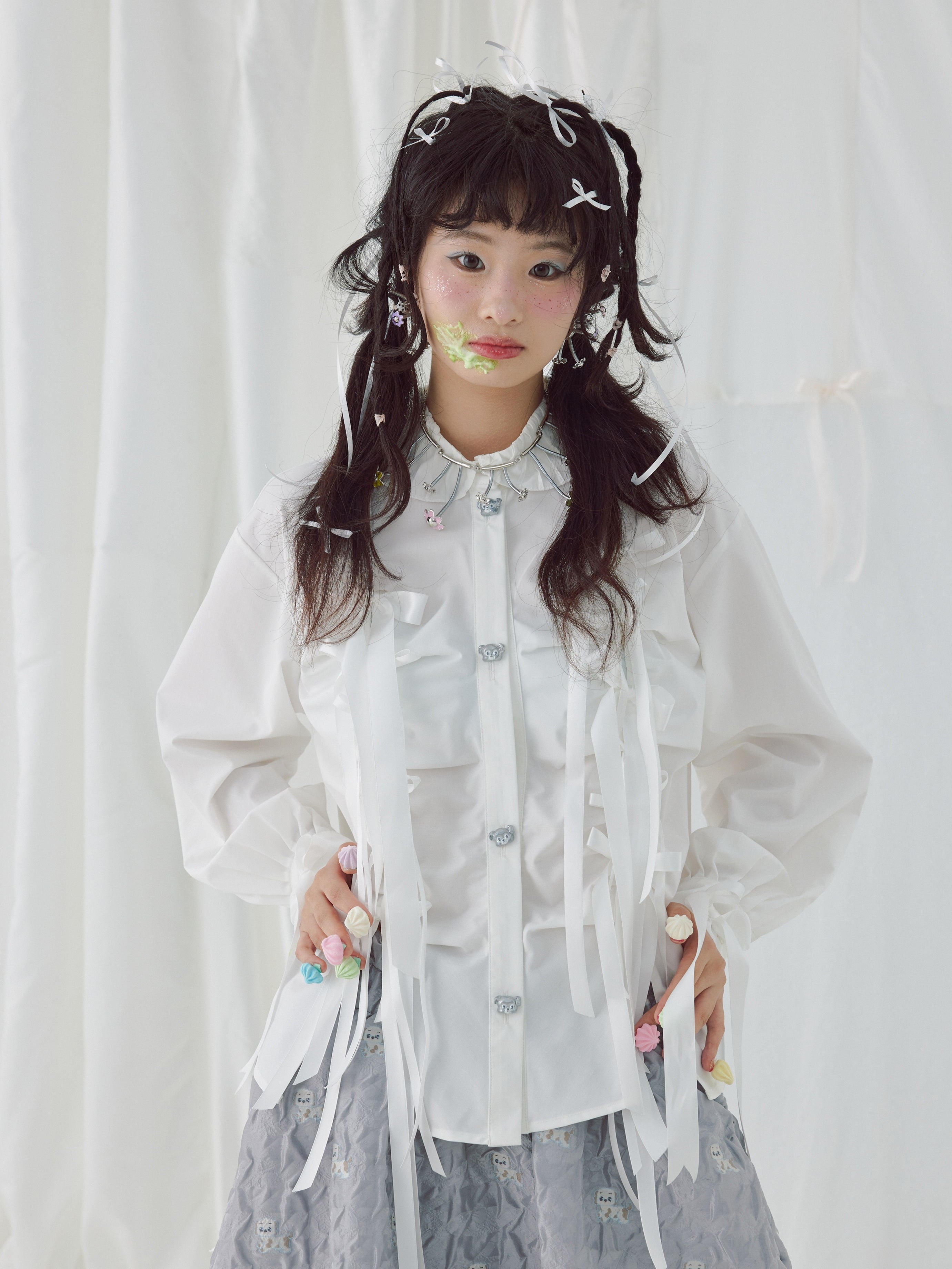 Ribbon Pleated Cute Metal Button Shirt