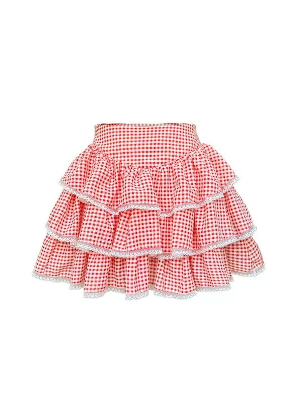 Lace Ribbon Puff Sleeve Top ＆ Gingham Check Cake Skirt