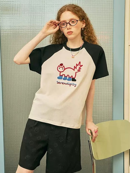 Cartoon Embroidery Raglan Sleeve T-shirt