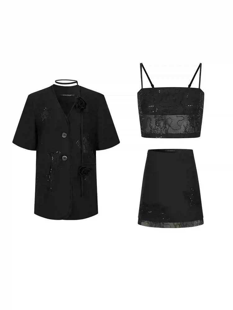 Carved Lace Embroidery Jacket ＆ Camisole ＆ Short Skirt