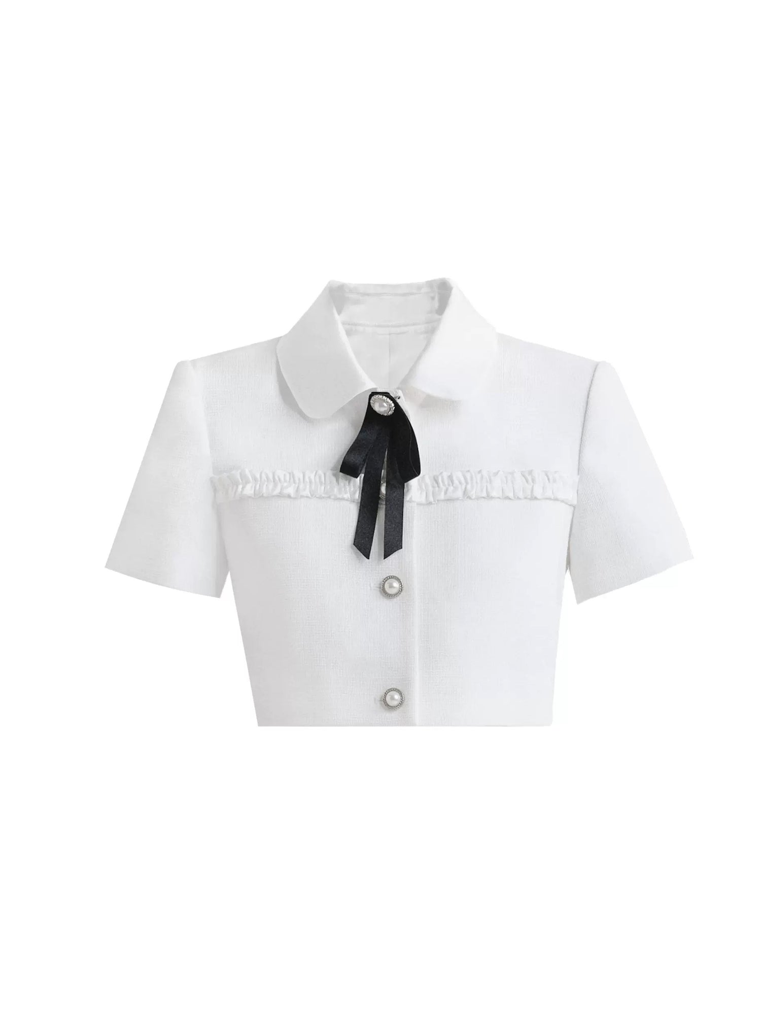 Ribbon Short Sleeve Cropped Jacket ＆ Pleated Frill Mini Skirt