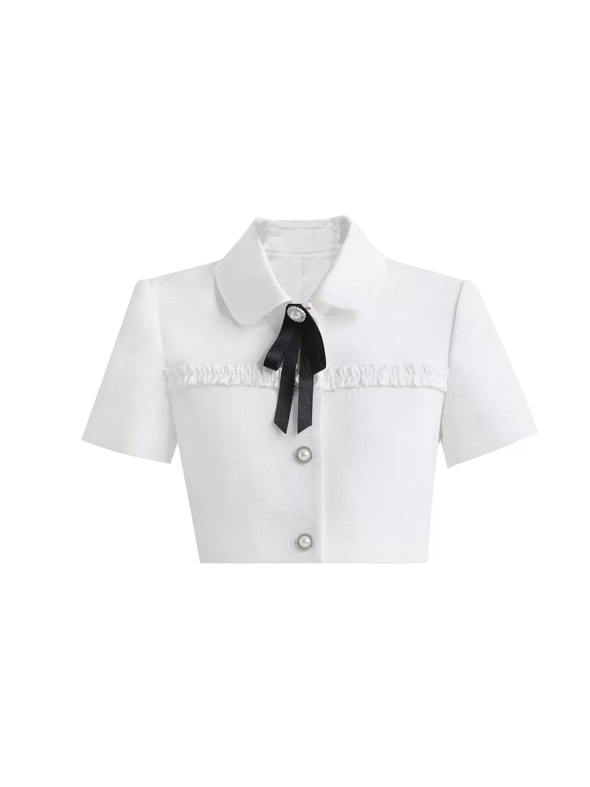 Ribbon Short Sleeve Cropped Jacket ＆ Pleated Frill Mini Skirt