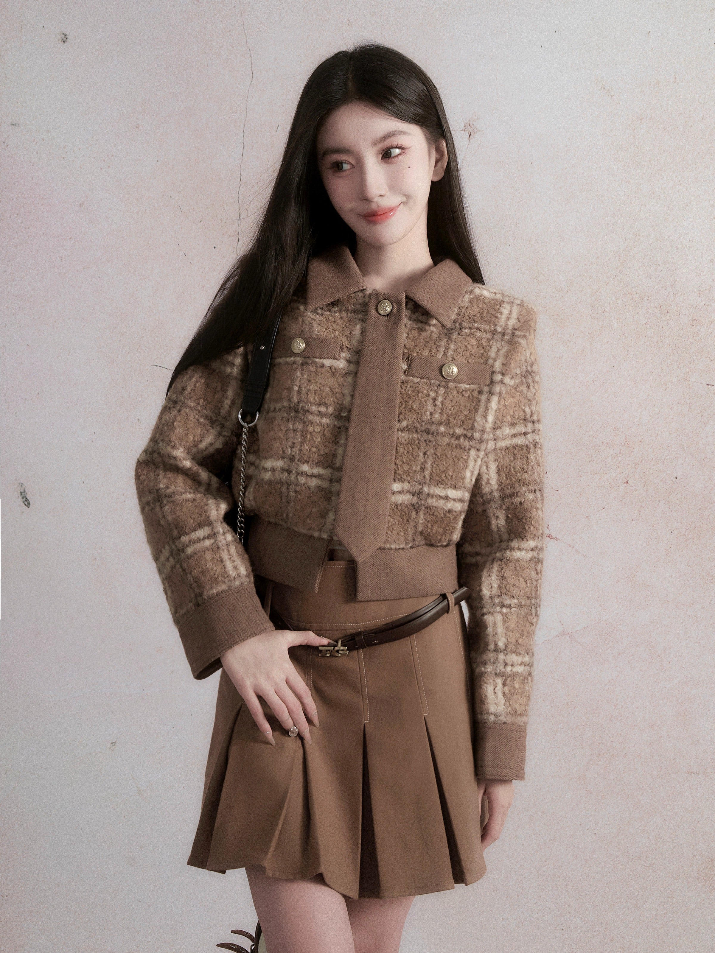 Retro Check Short Jacket &amp; Pleated Skirt