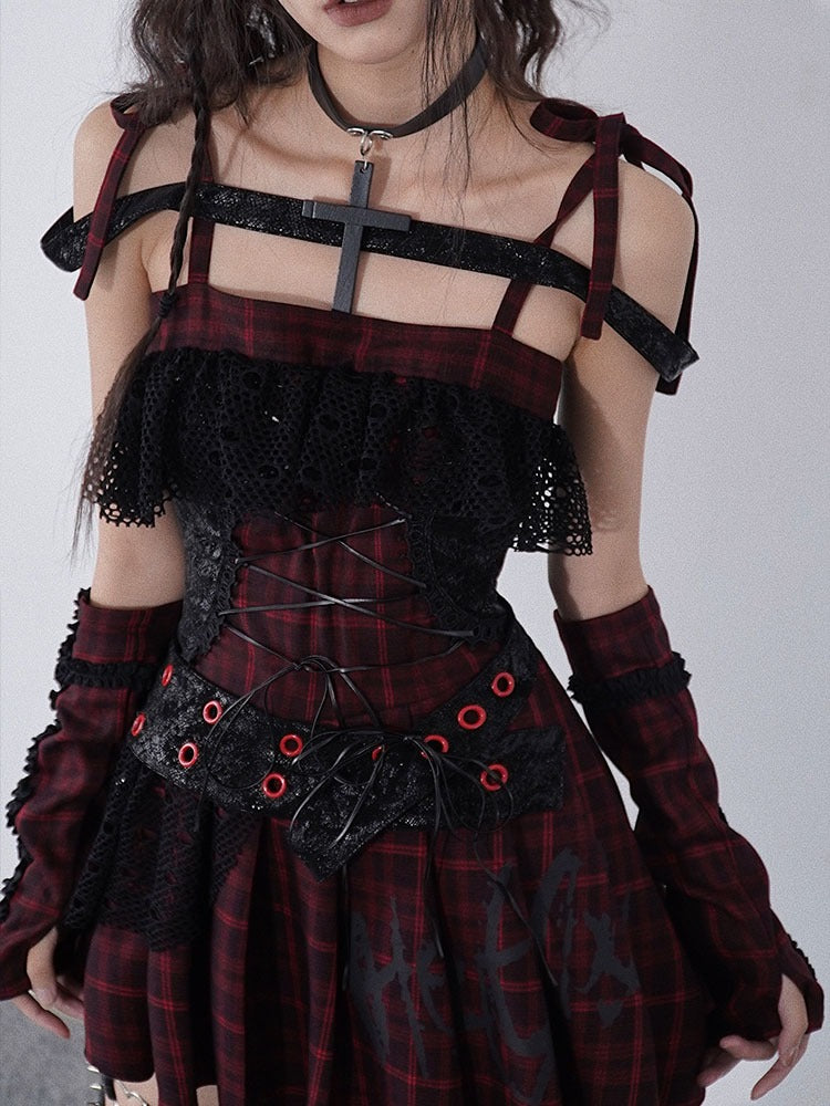 Niche Rock Suspender Plaid Dress