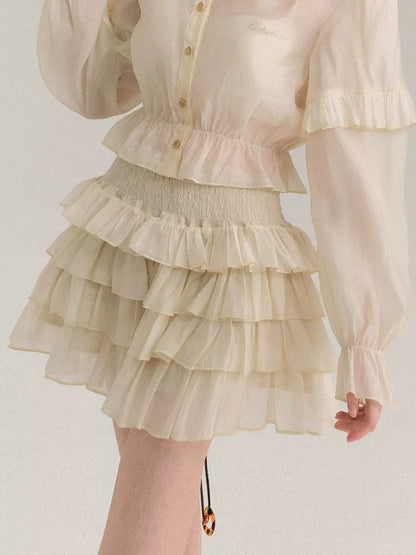 Shimmer Frill Collar Shirt ＆ Fluffy Cake Skirt