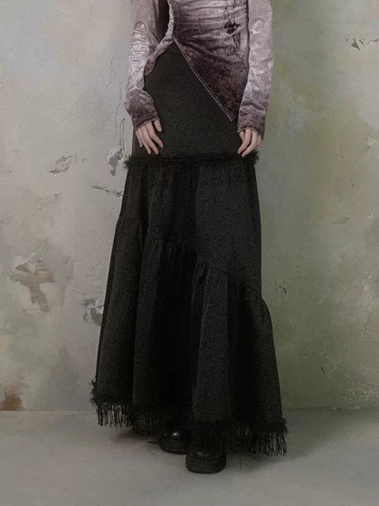 A-line Fringe Stitch Long Skirt