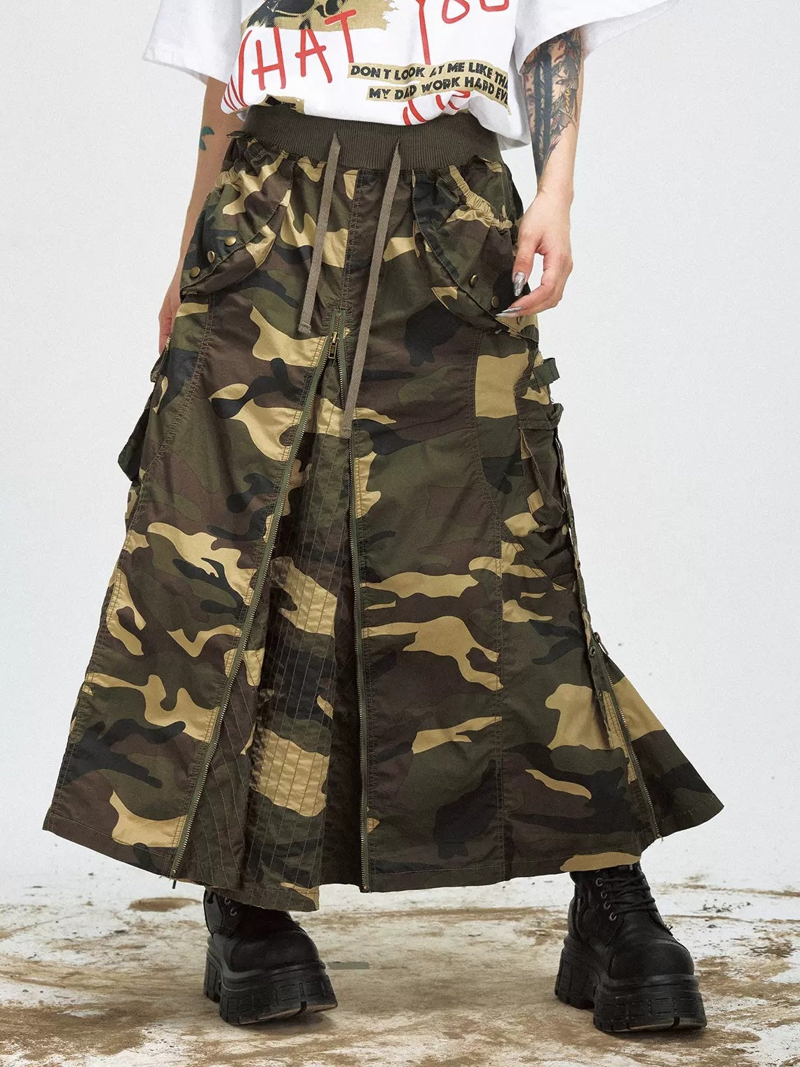 Camouflage Zipper Slit Work Maxi Skirt