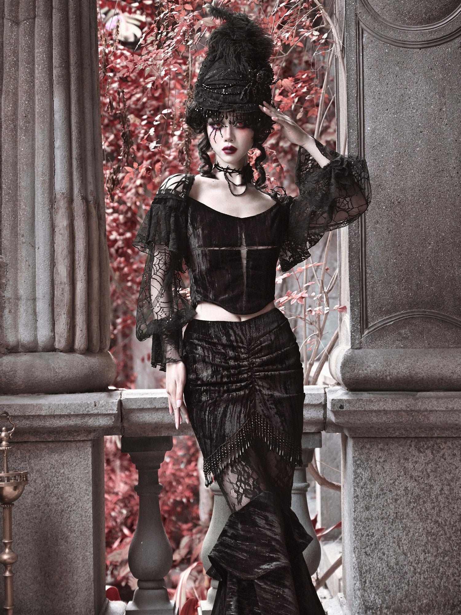 Gothic Velvet Lace Lantern Sleeve Top