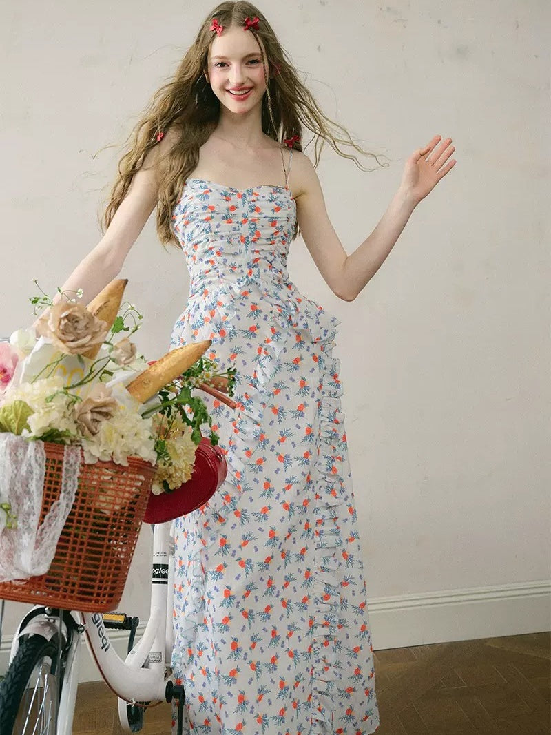 Floral Suspender Tuck Pleated Long Dress