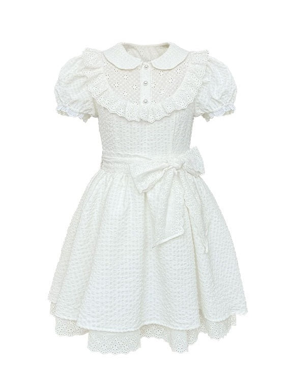 Bow Lace Short-sleeved Babydoll Dress