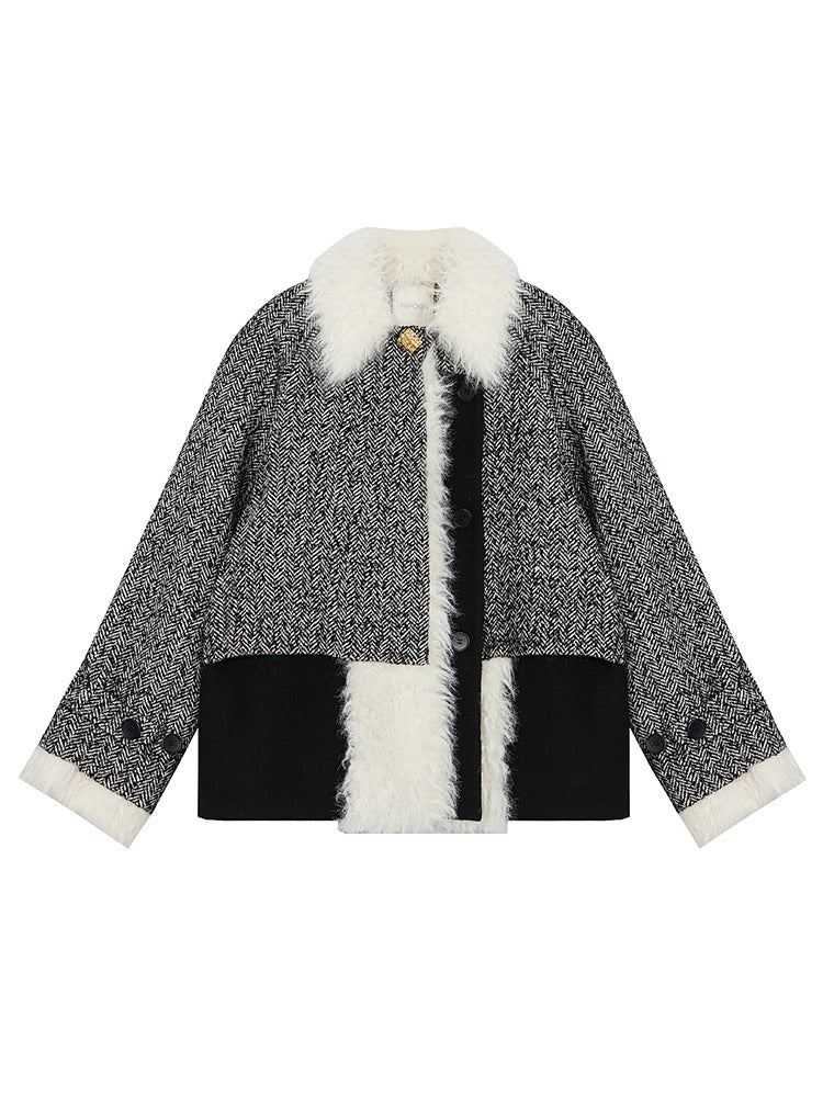 Fur Collar Splicing Herringbone Short Coat