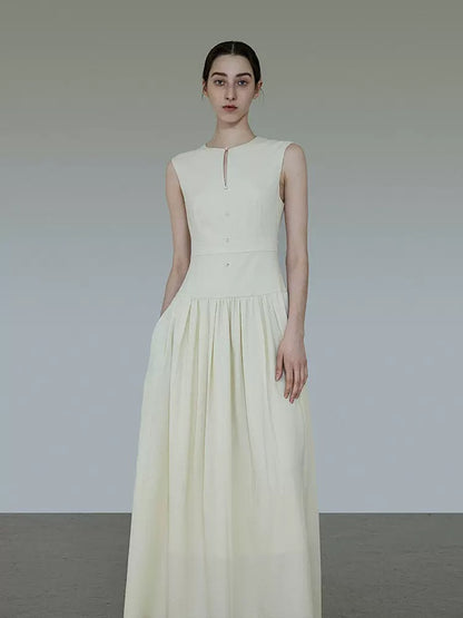 Round Neck Waist Gather Sleeveless Long Dress