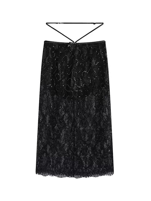 Lace Irregular Hem Camisole &amp; Low Waist Mid-Length Skirt