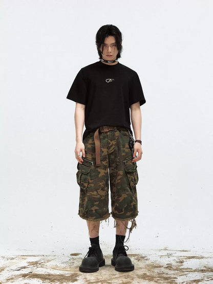 Camouflage Raw Edge Straight Work Cropped Pants