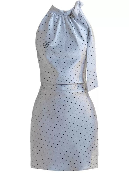 French Bow Tie Polka Dot Sleeveless Short Dress