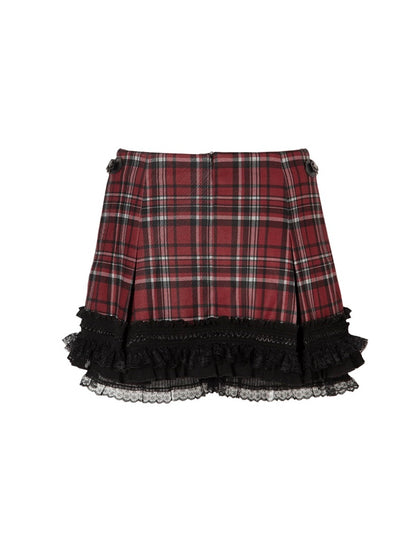 Checked One-Shoulder Long Pearl-Chain Retro Lace Mini-Skirt