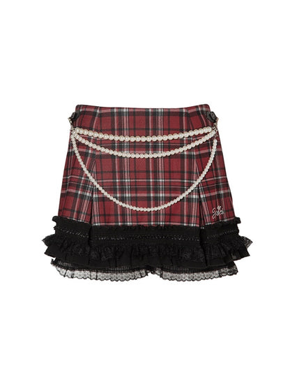 Checked One-Shoulder Long Pearl-Chain Retro Lace Mini-Skirt