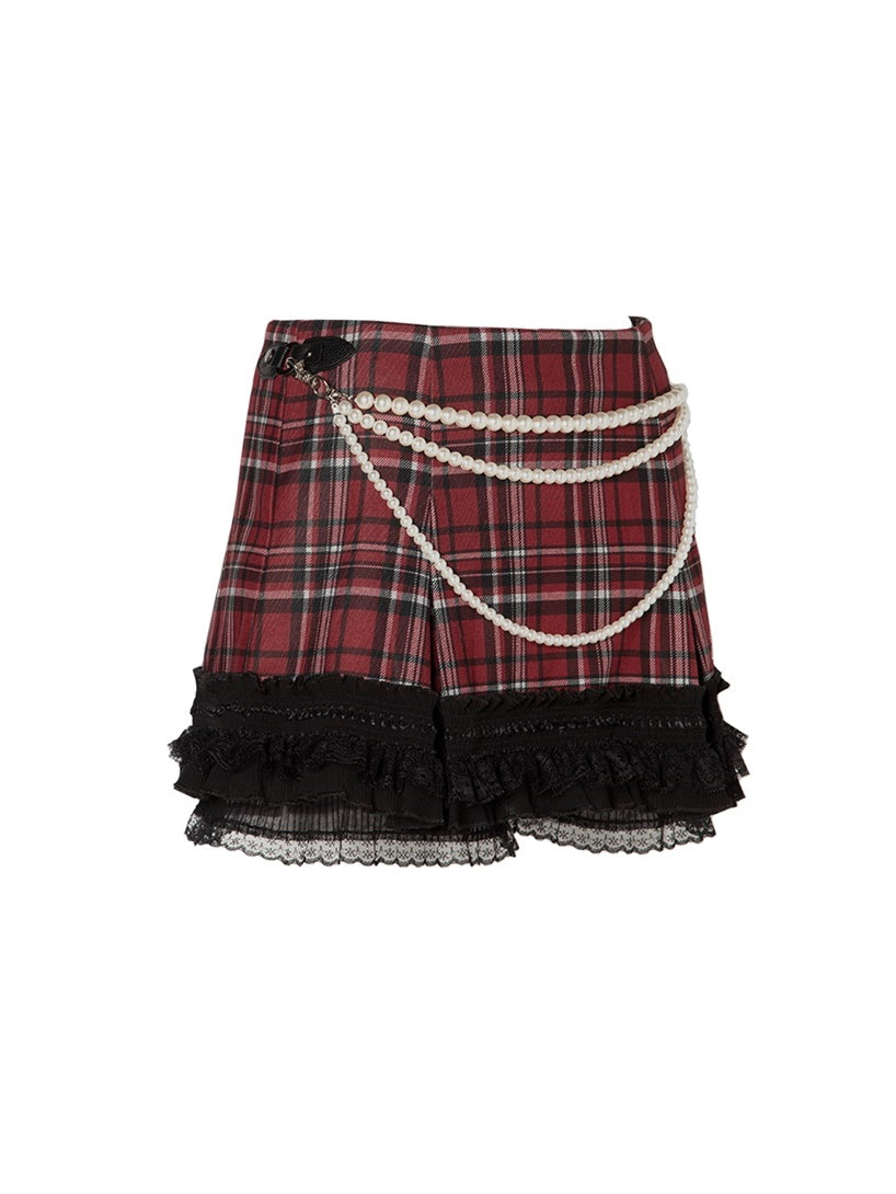 Checked One-Shoulder Long Pearl-Chain Retro Lace Mini-Skirt