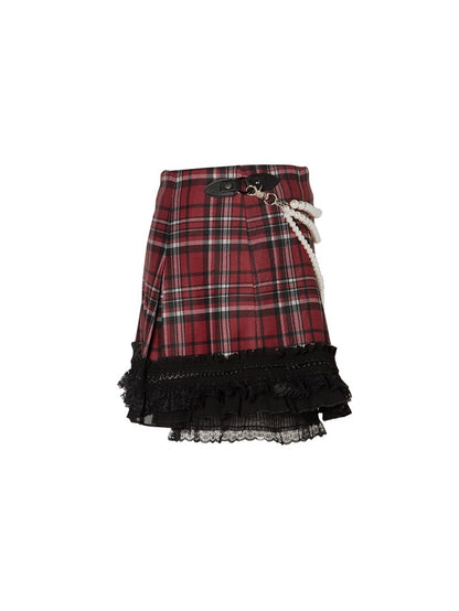 Checked One-Shoulder Long Pearl-Chain Retro Lace Mini-Skirt