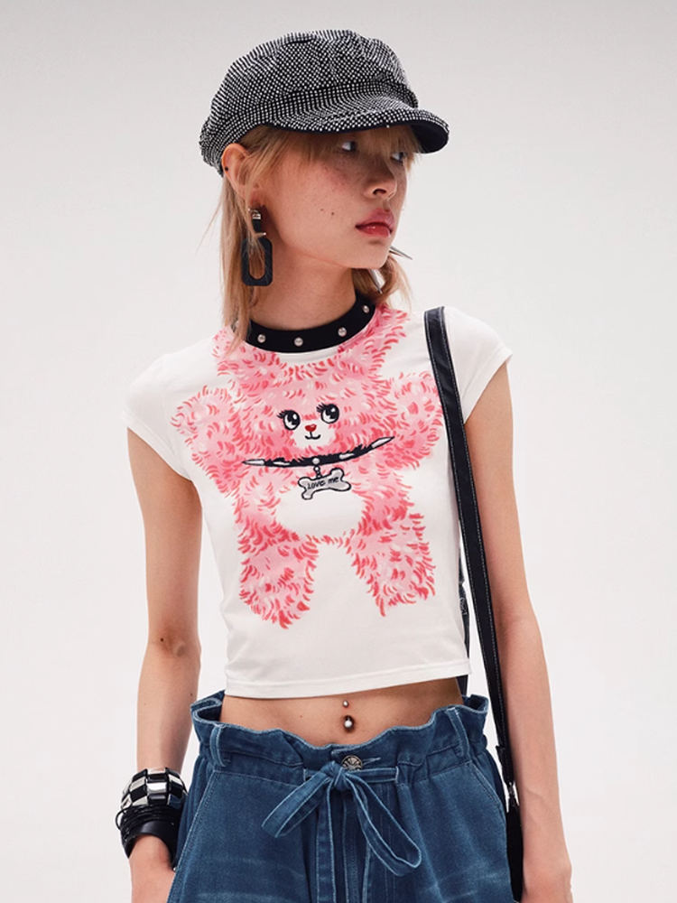 Fancy French-Sleeve Bear Character Pop Shrot Cutsew