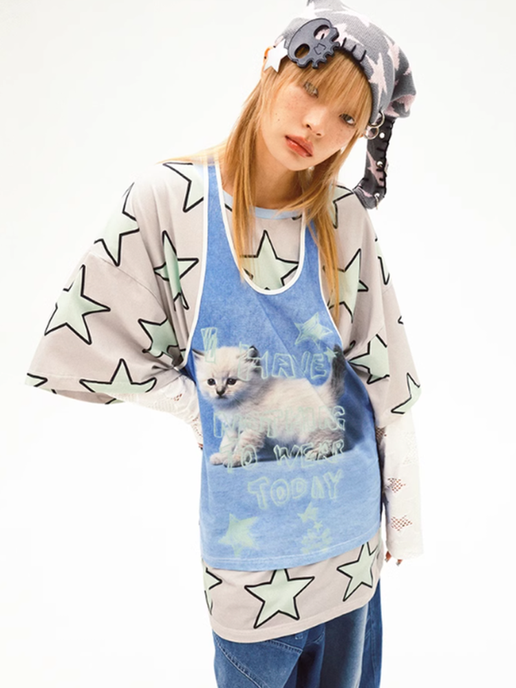 Cat Picture Sporty Fancy Oversize Loose Tank-Top