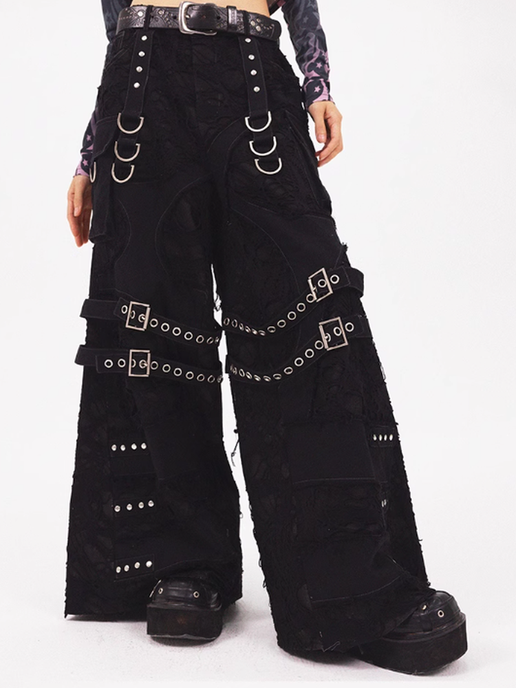 Nichi Cool Belt Damage Mesh Fancy Wide-Pants