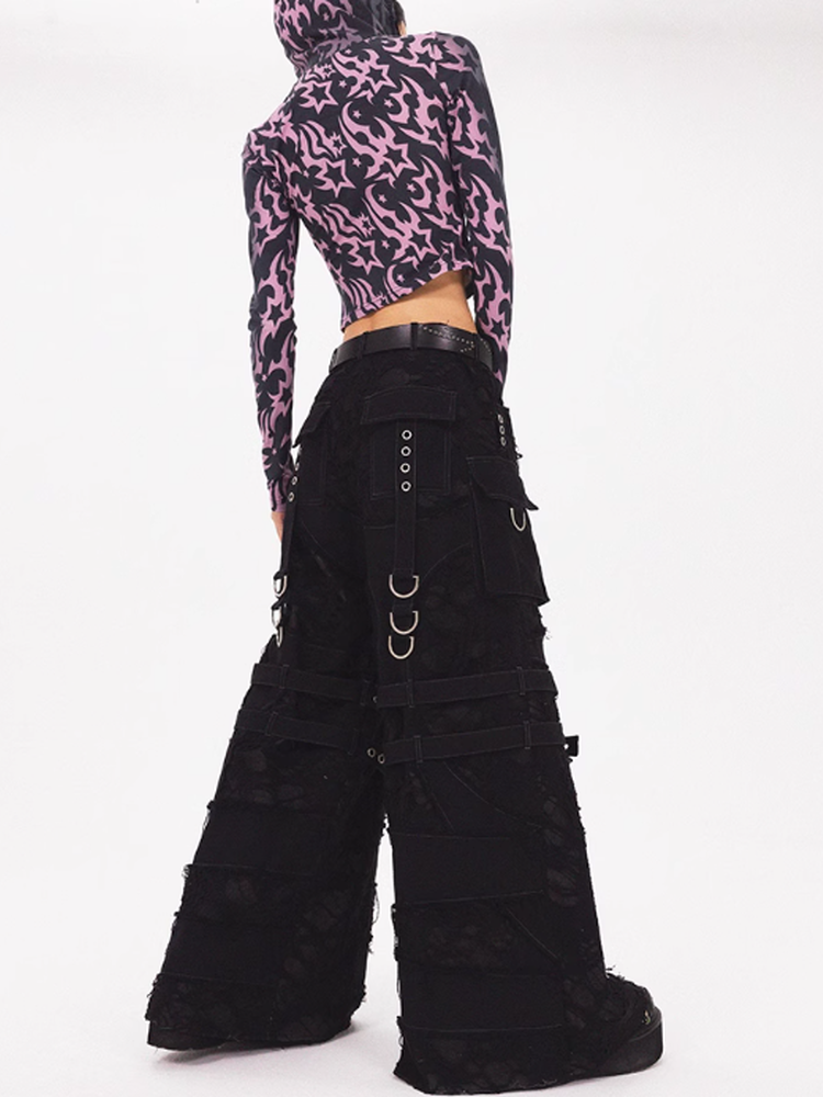 Nichi Cool Belt Damage Mesh Fancy Wide-Pants