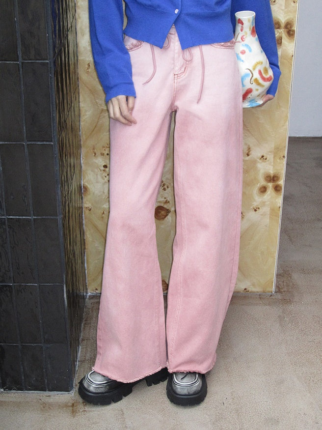 Gradation Loose Wide-Leg Casual Cut-Off Denim-Pants