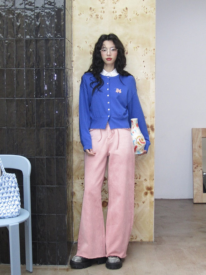 Gradation Loose Wide-Leg Casual Cut-Off Denim-Pants