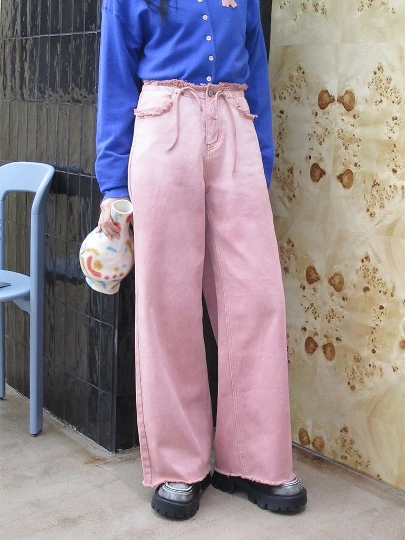 Gradation Loose Wide-Leg Casual Cut-Off Denim-Pants