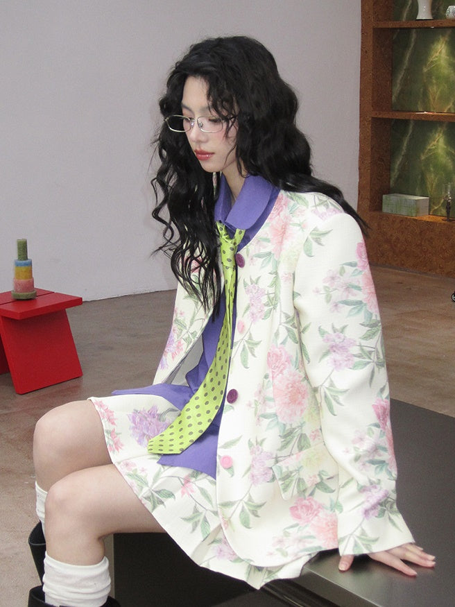 Jacket＆Mini-Skirt Flower Deminine Retro Botanical Nichi Set-Up