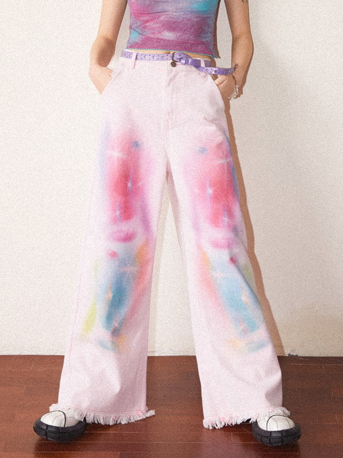 Tie-Dye Pale-Tone Damage Cotton-Candy Tassel Casual Straight Denim-Pants