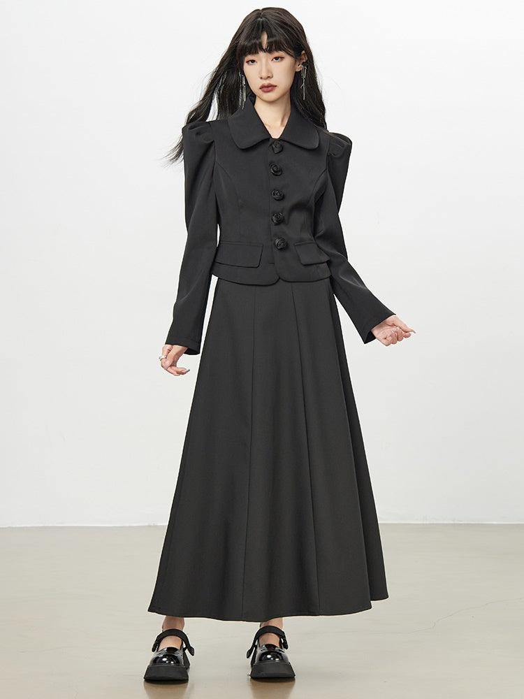 Power-Shoulder Big-Button Suit Plain Jacket＆Long-Skirt