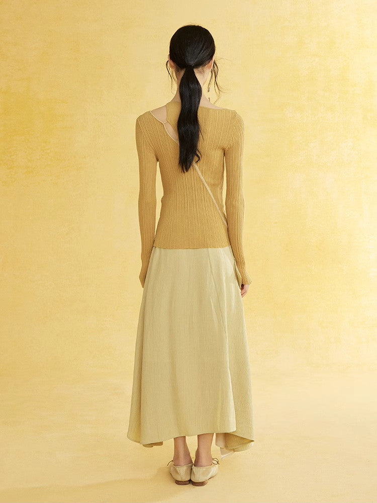 Asymmetry Nichi Slim Slit Casual Unique Rib-Knit