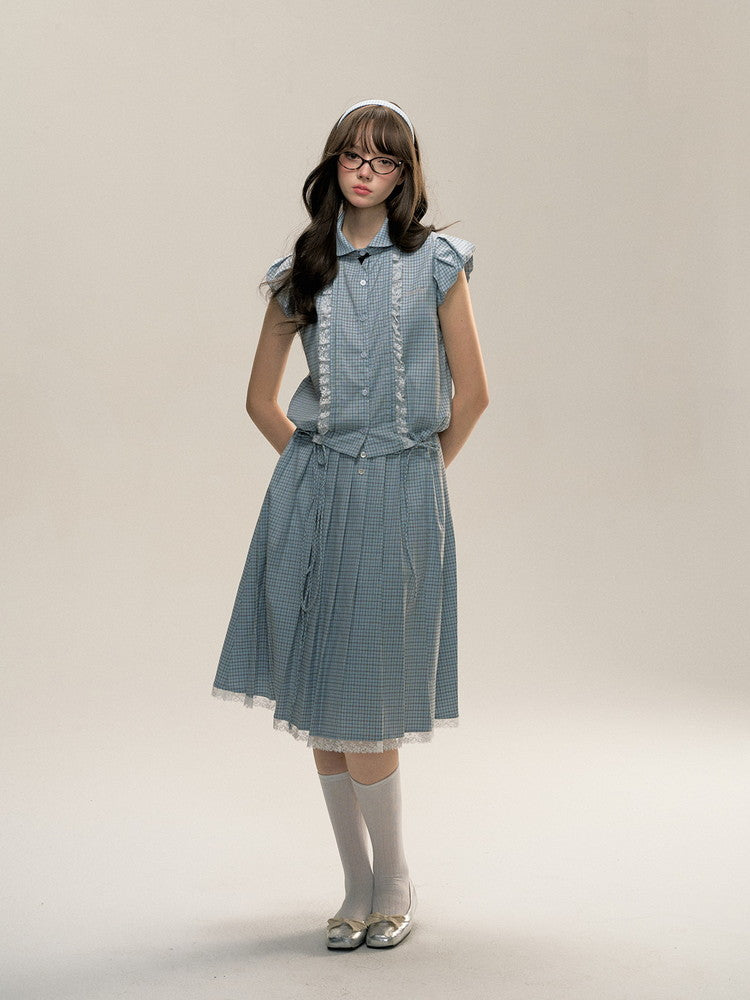 Set-Up Checked Lace Gilrt Retro Fancy Blouse＆Lon-Skirt