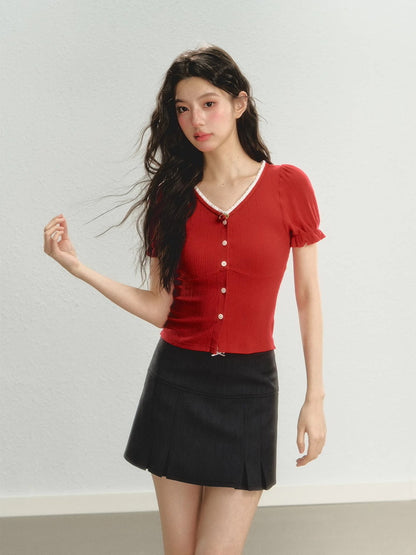 Candy-Sleeve Rose Slim Lace Summer-Knit