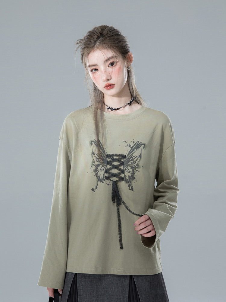 Lace Butterfly Crew-Neck Casual Ovresize Long-T-Shirt