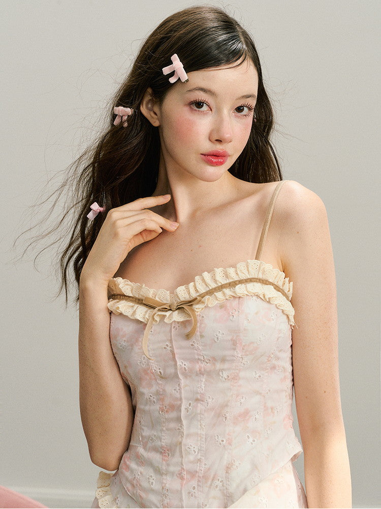 Set-Up Flower Feminine Cute Frill Camisole Bustier＆Long-Skirt