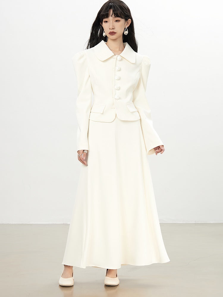 Power-Shoulder Big-Button Suit Plain Jacket＆Long-Skirt