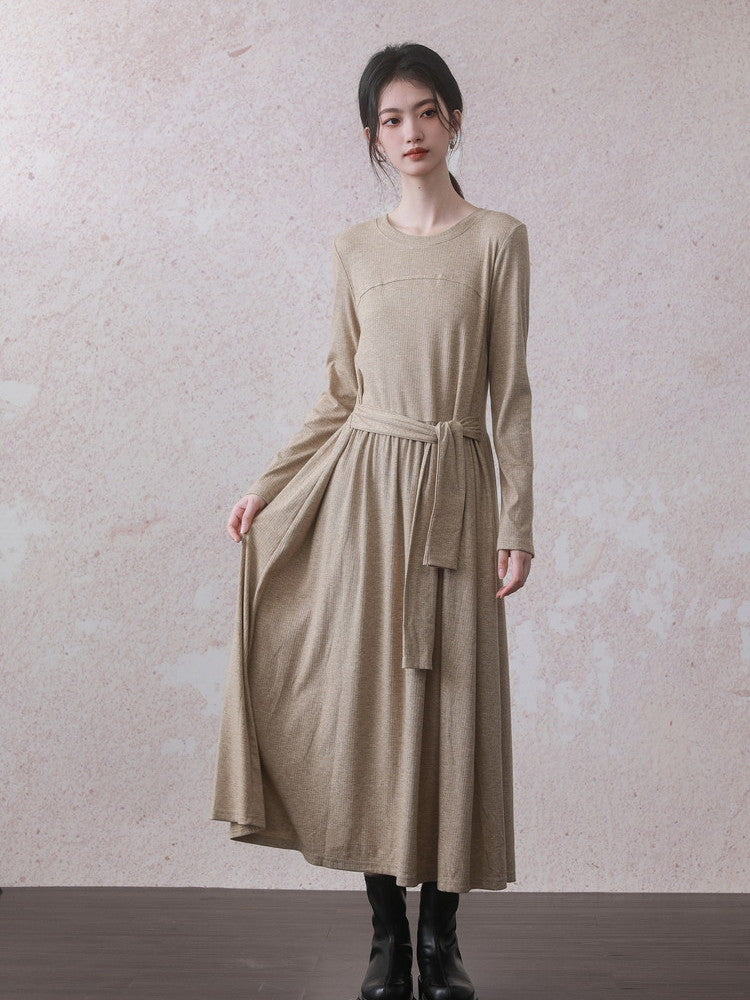 Knit Crew-Neck Long-Sleeve Chic Dress