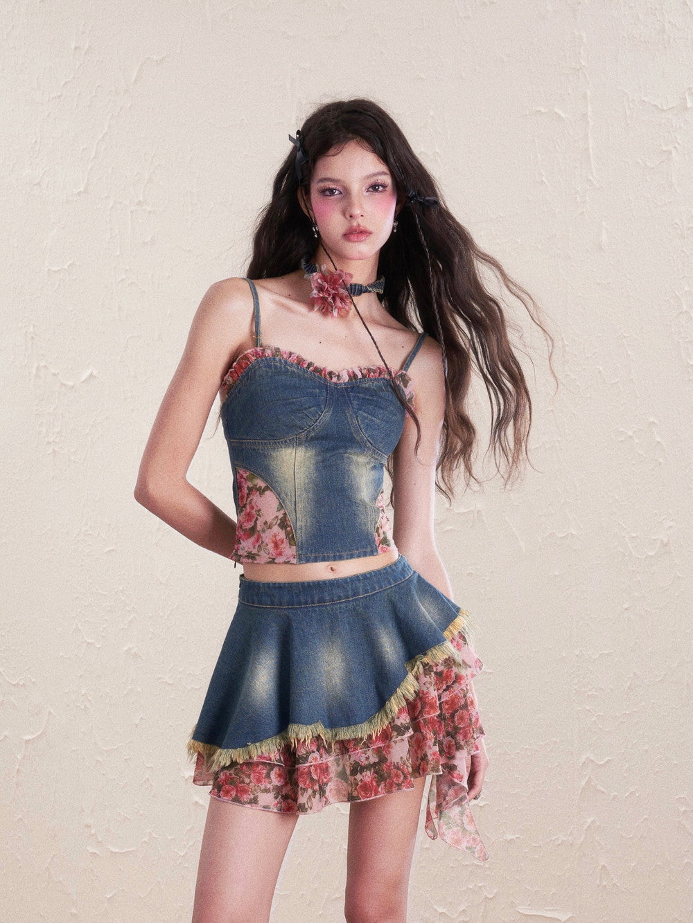 Denim Flower Mix Asymmetry Ciffon Feminine Tops&amp;Mini-Skirt