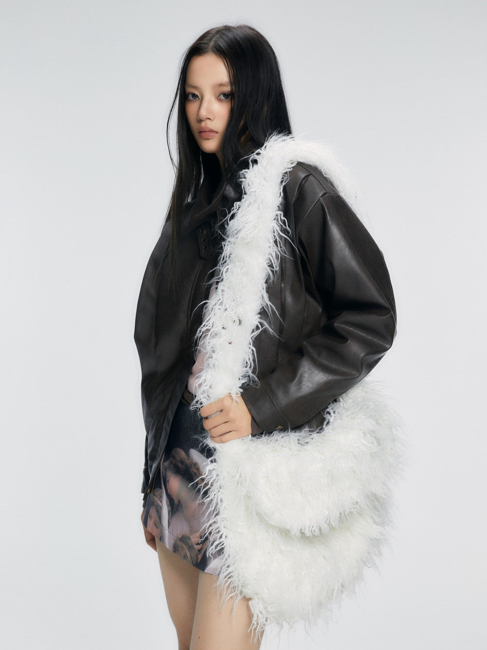 Fur-Neck Smooth Ovresize High-End Leather-Jacket