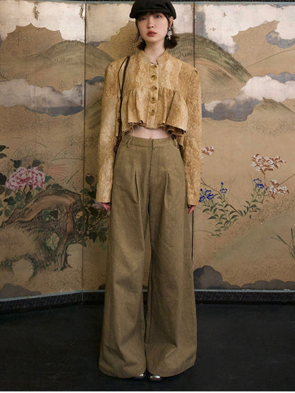 High-Waist Natural Loose Plain Wide-Pants